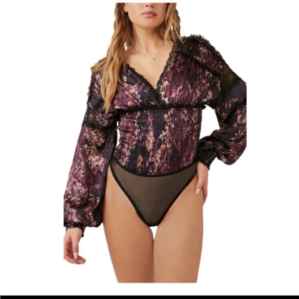 Free People Purple & Black Floral Lace-Trim Long Sleeve Bodysuit